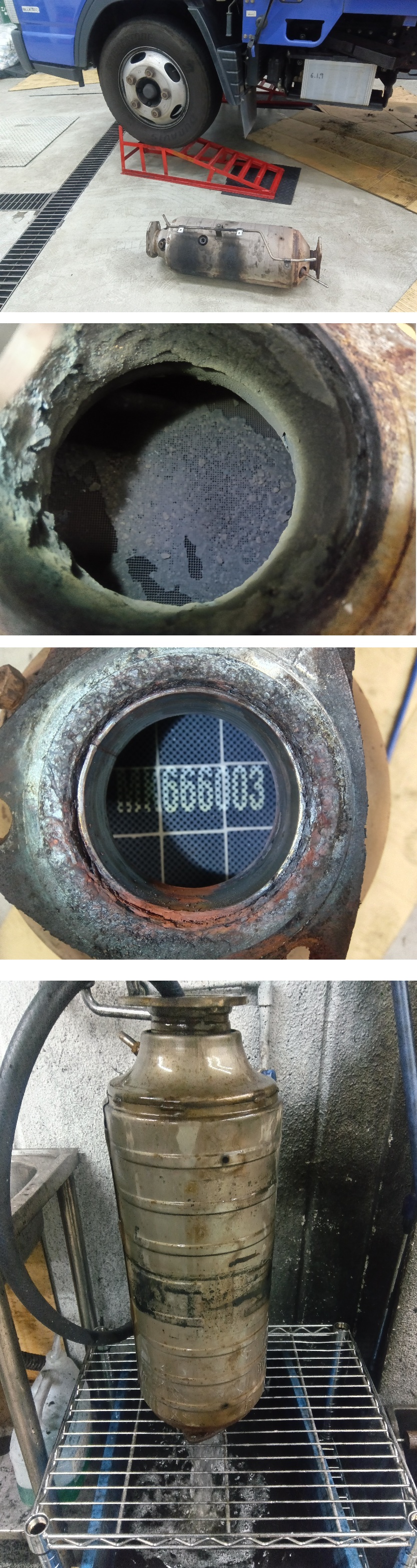 キャンター FBA20 4P10 ダイアグノーシス エラー 750E02 DPF詰まりって？ DPFの洗浄って？ 特殊洗浄剤でソフトに煤やアッシュを除去！